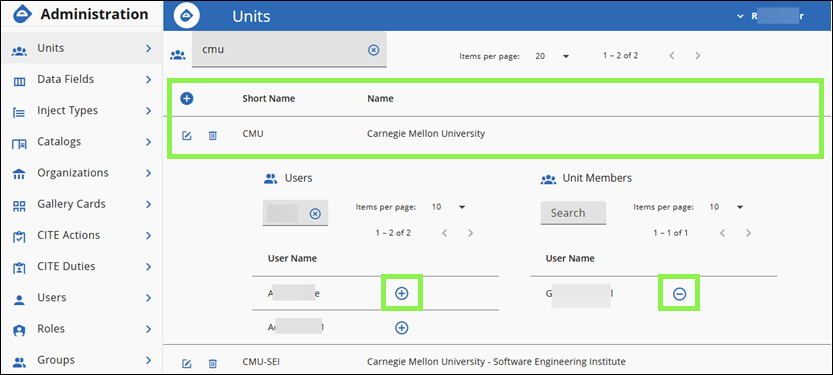 Blueprint Units page with unit expanded showing Users and Unit Members panels