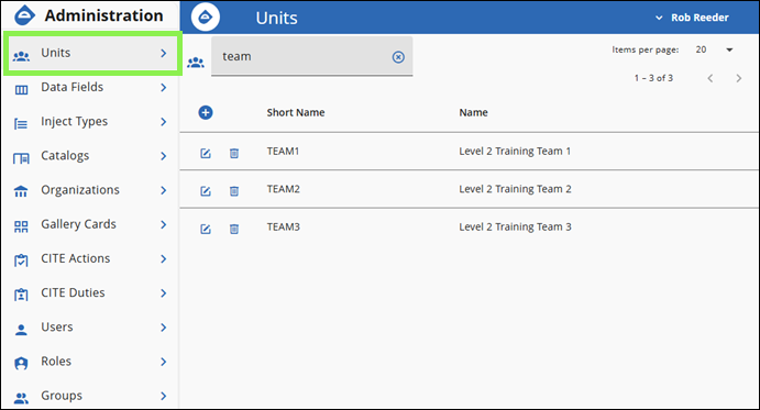 Blueprint Units administration page showing several units with edit and delete icons