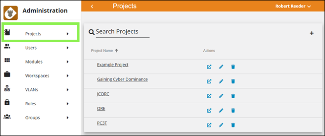 Caster Administration View, Projects pane