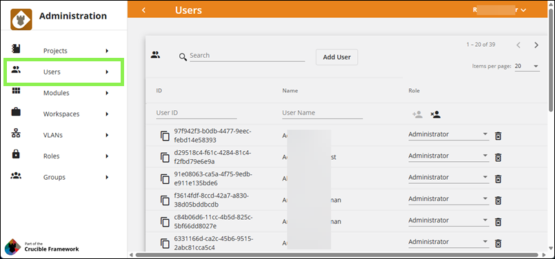 Caster's Administration View, Users screen