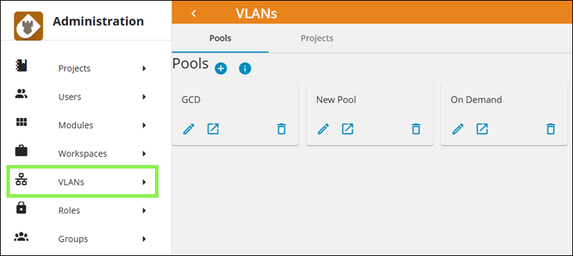Caster Administration View, VLANs pane