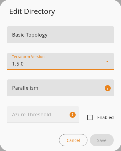 Edit Directory dialog with the Name, Terraform Version, Parallelism, and Azure Threshold fields