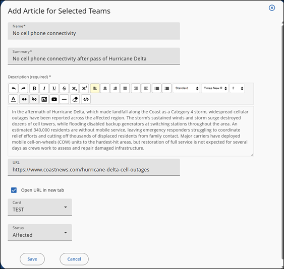 The Add Article for Selected Teams window with sample data added