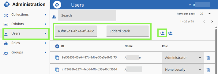 Gallery Add User inline form with User ID and User Name fields called out
