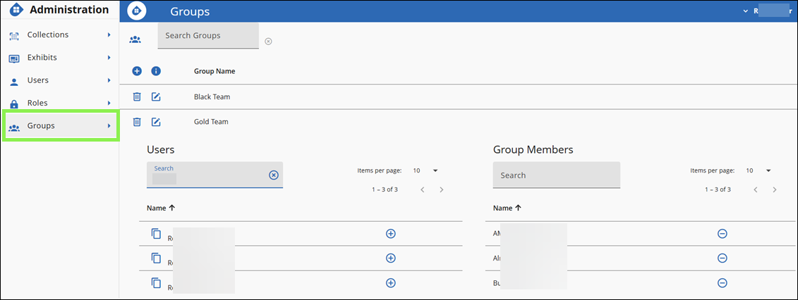 Administration View with Groups tab selected and group expanded