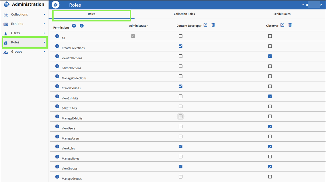 Roles page with Roles tab selected