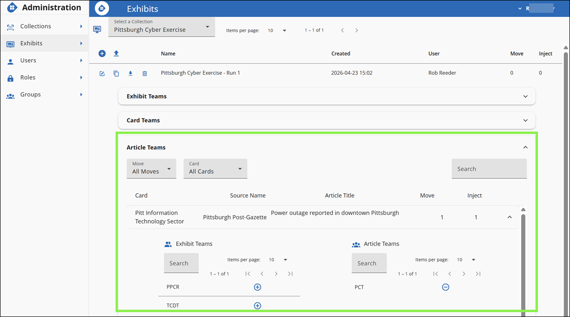 Article Teams panel showing Exhibit Teams and Article Teams side by side