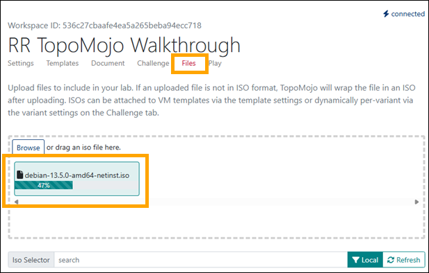 Files tab selected, ISO attached, progress bar showing status