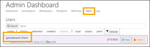 The gameboard-client user in TopoMojo's admin dashboard